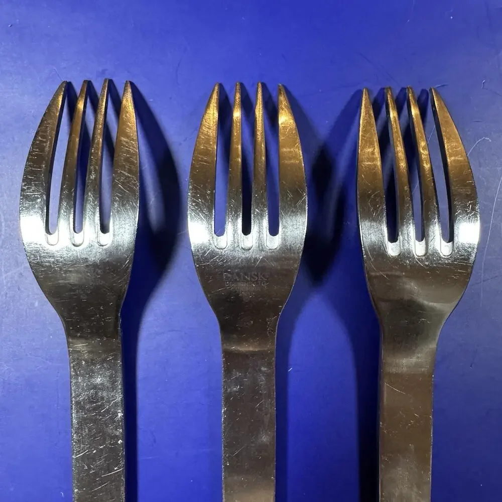 3x Dansk Stainless Thebe Dinner Forks 7 3/8” Glossy Ribbed Handle